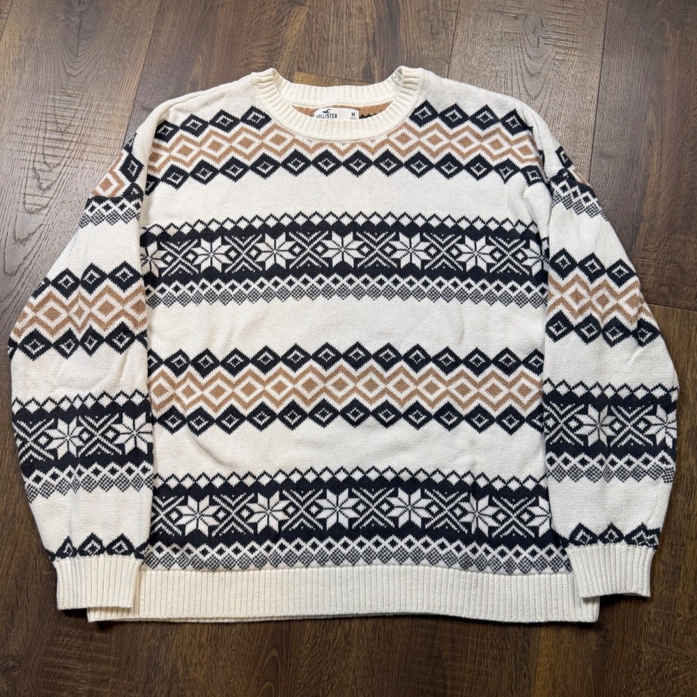 Hollister Mens M Fair Isle Nordic Snowflake Crewneck Knit Sweater Cream
